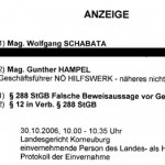 Faksimile der Strafanzeige, die Walter Egon Glöckel gegen Gunther Hampel und Wolfgang Schabata vom NÖ HILFSWERK wegen falscher Zeugenaussage vor Gericht einbrachte