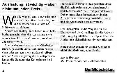 Faksimile des Artikels aus der Zeitung des Betriebsrates vom NÖ HILFSWERK